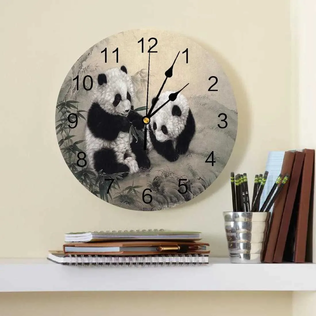 Orologi da parete Animal Panda Inchiostro Bamboo Dipinto decorativo Orologio da parete Design personalizzato Design non ticchettante camere da letto silenziosa grande orologio da parete