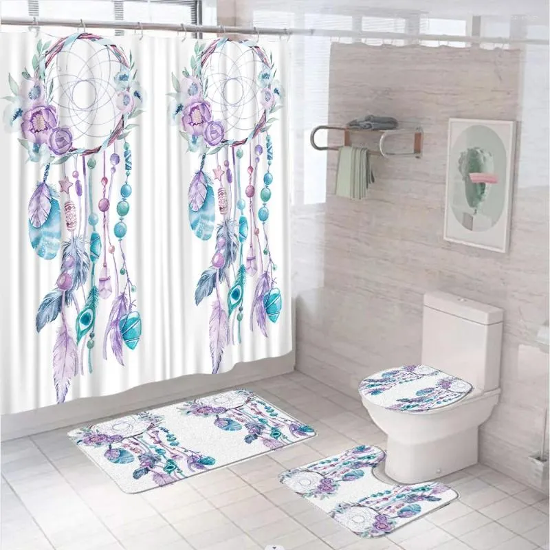 Zasłony prysznicowe Boho Dreamcathcer Zestawy kurtyny plemienne z piór etnicznych kwiat tkanin łazienka bez poślizgu dywaniki toaletowe maty do kąpieli