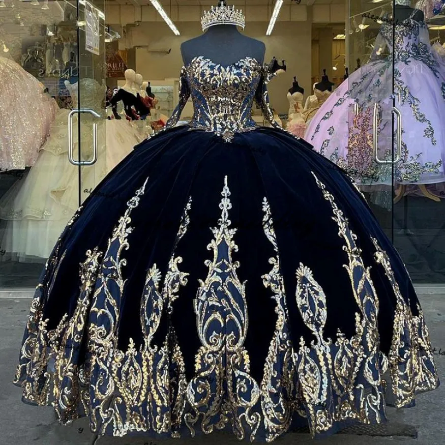 Navy Blue Velvet Princess Quinceanera vestido de baile luminárias renda aplique vestido mexicano estilo doce 15 vestido de baile 302s