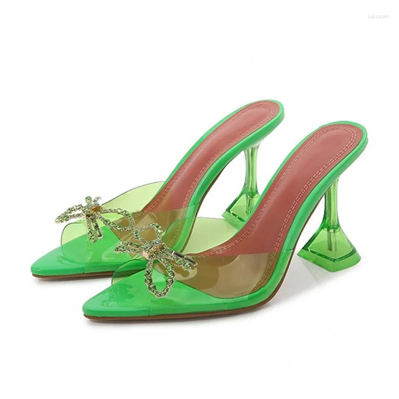 Slippers Transparant PVC Women Fashion Crystal Bowknot High Heel Jelly Shoes Summer Female Green Mules Glides Big Size 35-45