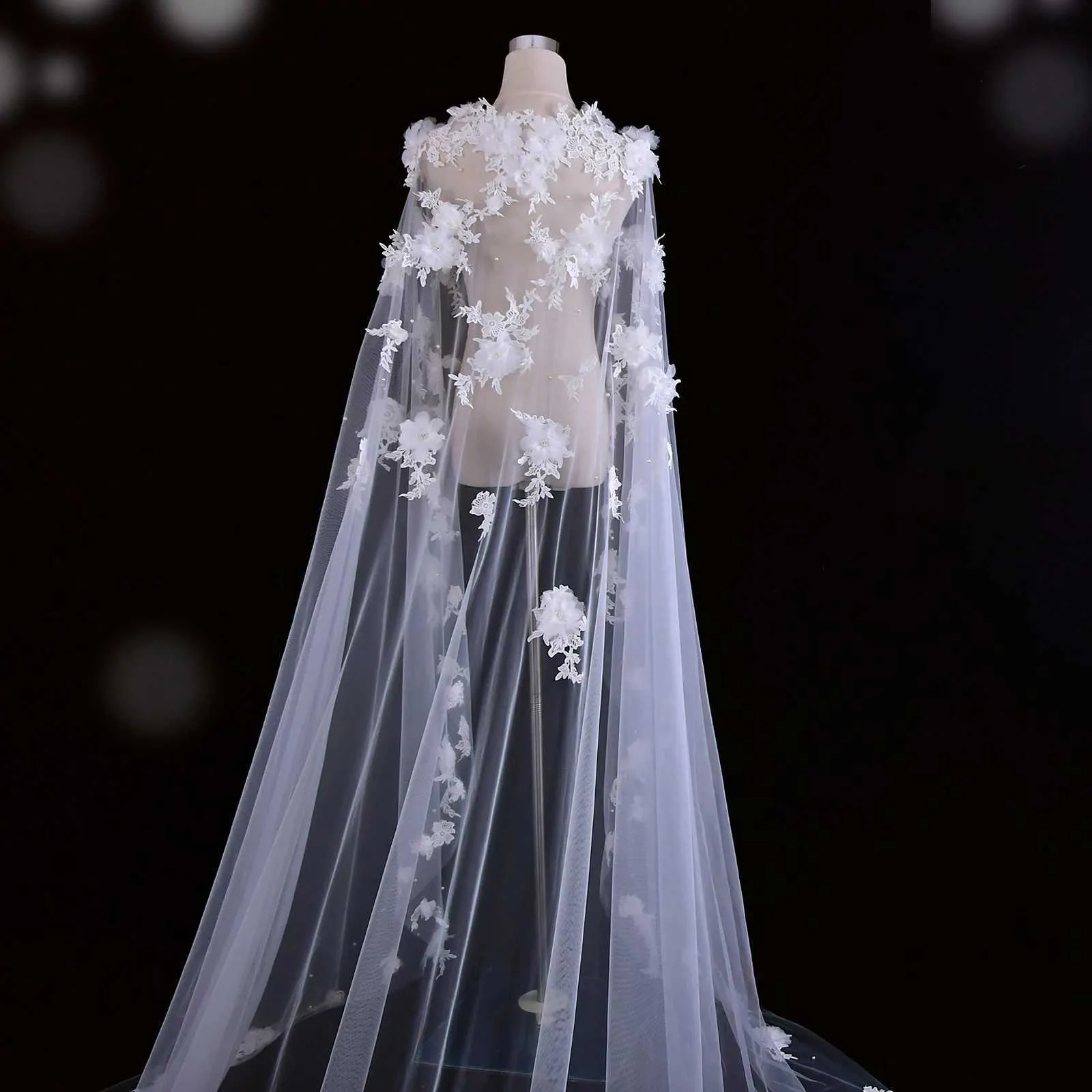 Hårsmycken Dam Långa Kappor Slöja 3D Blommor Brudmantel Bröllopsaccessoarer för Brud Bolero Sjal Mjuk Aftonkappa_voghion.com