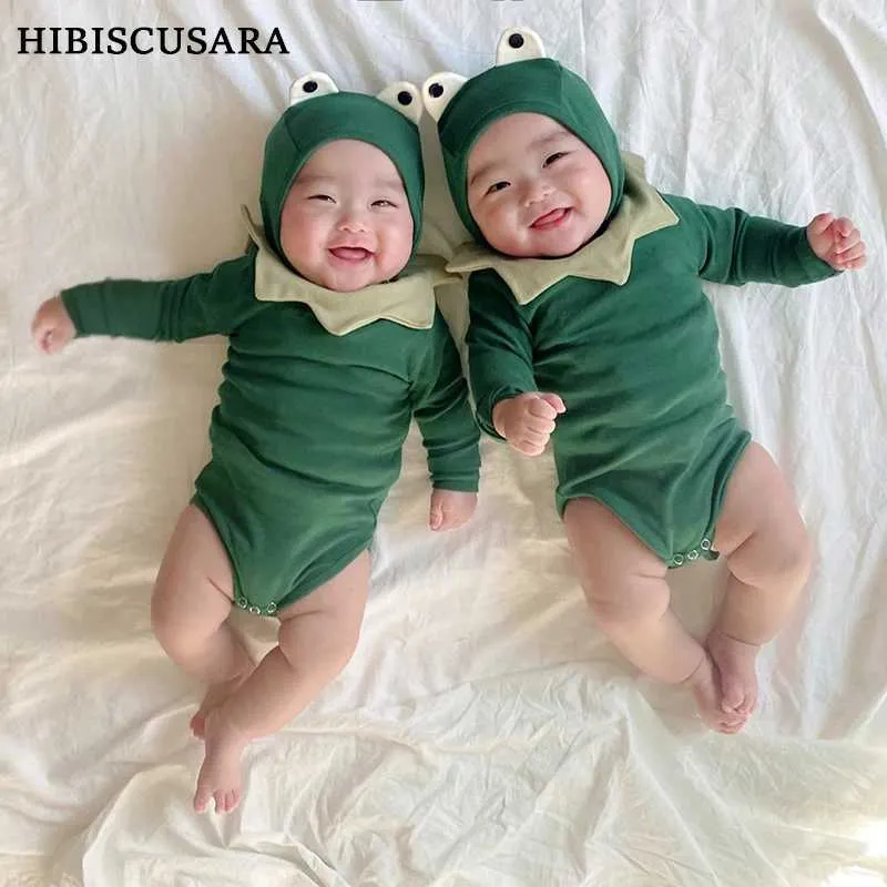 Vêtements Ensembles nouveau-nés bébé Coton Jumps combinaison grenouille Bebei Boy and Girl Assy Adapting Suit Green Jumps Cuit et été avec chapeau et chapeau bébé et tout-petit setl240513