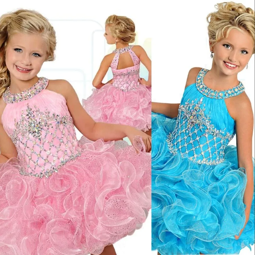 Short Cupcake Pink Sky Blue Ball Gown Girls Pageant Dresses Juven Neck Ruffles Organza Puffy Crystal Beads Kids Flower Girls Birthday G 290J
