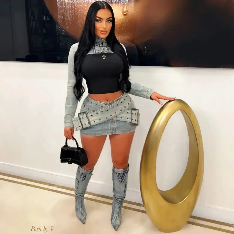 Y2K Grommet Cross Belt Denim skirt and top set with Buckle Y2K Grommet Cross Belt Denim skirt and top set with Buckle