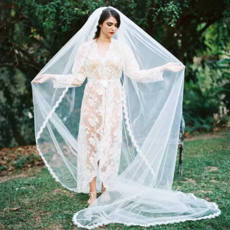 Haarschmuck Weiß Braut-Accessoires Hochzeitsschleier Spitze 300cm Kathedrale Kostenloser Kamm Neuer Brautschleier Velos de Novia 2019_voghion.com