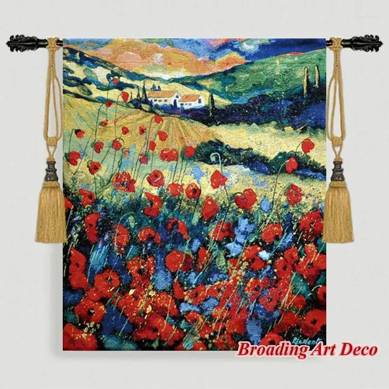 Tapestries Beautiful Red Poppies Jacquard Weave Tapestry Wall Hanging Gobelin Home Art Textile Decoration Aubusson Cotton Size 70x80cm