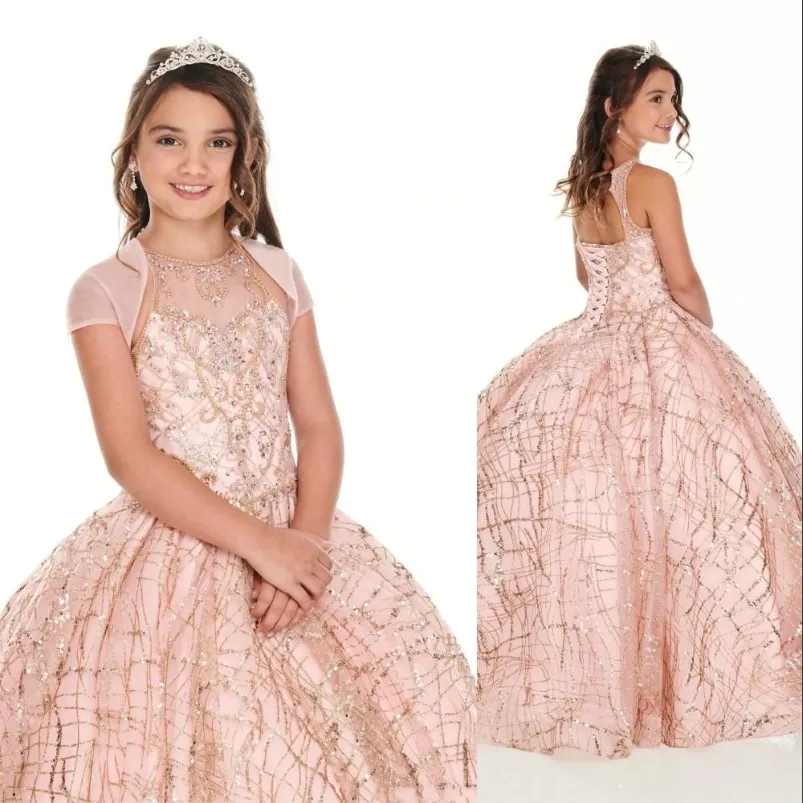 2022 Cute Rose Gold Sequined Lace Girls Pageant Dresses Crystal Beaded Blush Pink Kids Prom Dress Birthday Party Gowns For Little Girl 270T