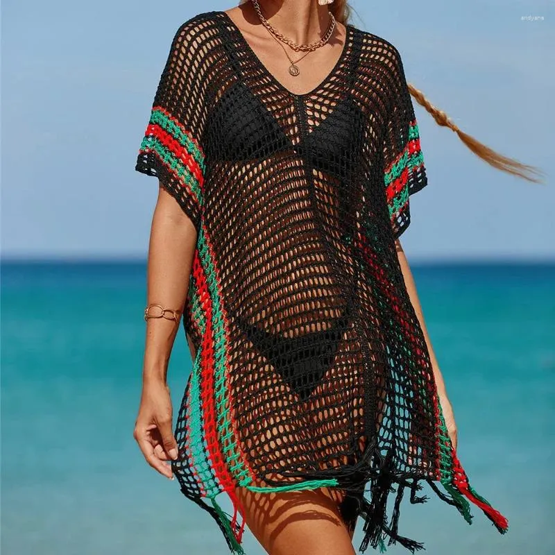 Black Fringe Nappa a maglia Crochet Coupeships Beach Ups for Women Waw-Out See Through Wear Dress Bikini COUST-Ups 2024