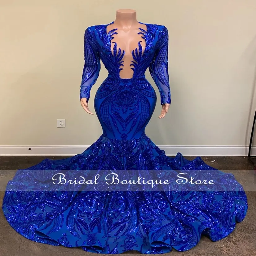 Royal Blue Sparly Sequins Mermaid Dress 2022 For Black Girl