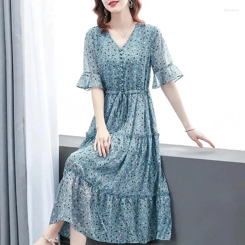 Casual Dresses Blue Chiffon Printed Dress For Women 2024 Spring/Summer Lace Up Button Long Skirt Elegant Women's Fragmented Flower