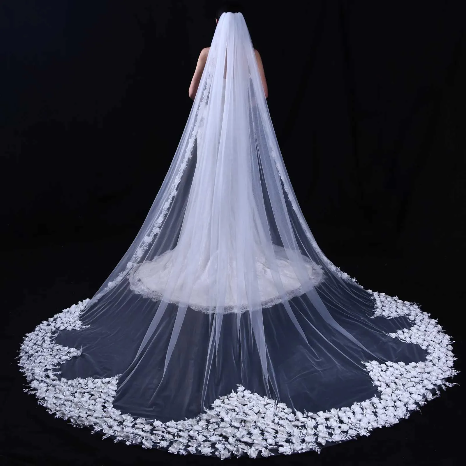 Hair Jewelry 03 Long Cathedral Length Wedding Veil 3D Flowers Soft Bridal Illusion with Comb Bride to be Accessories_voghion.com