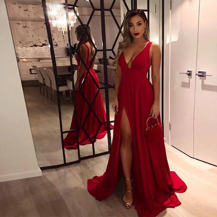 Neue sexy Abiye Gece Elbisesi Abendkleider für Frauen V-Ausschnitt High Side Spit A-Line ärmellose Einfaches langes rotes Prom-Kleid 280g