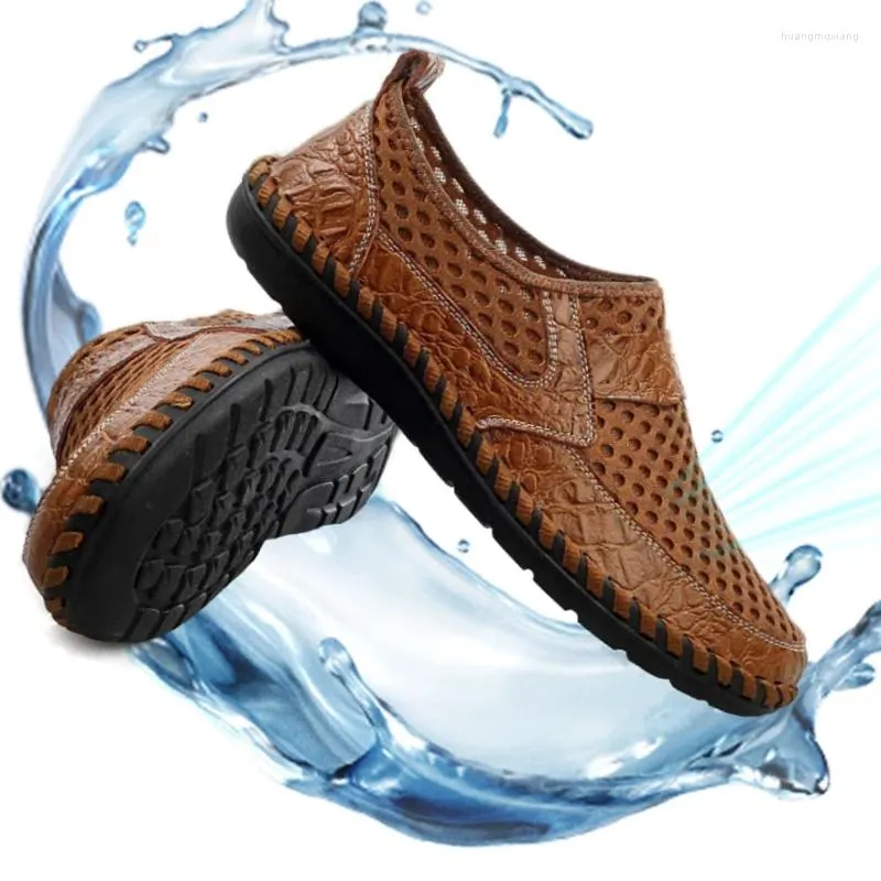 Sapatos casuais Couro genuíno verão respirável malha macia para homens para caminhada adulta qualidade calçada de rede leve 2024