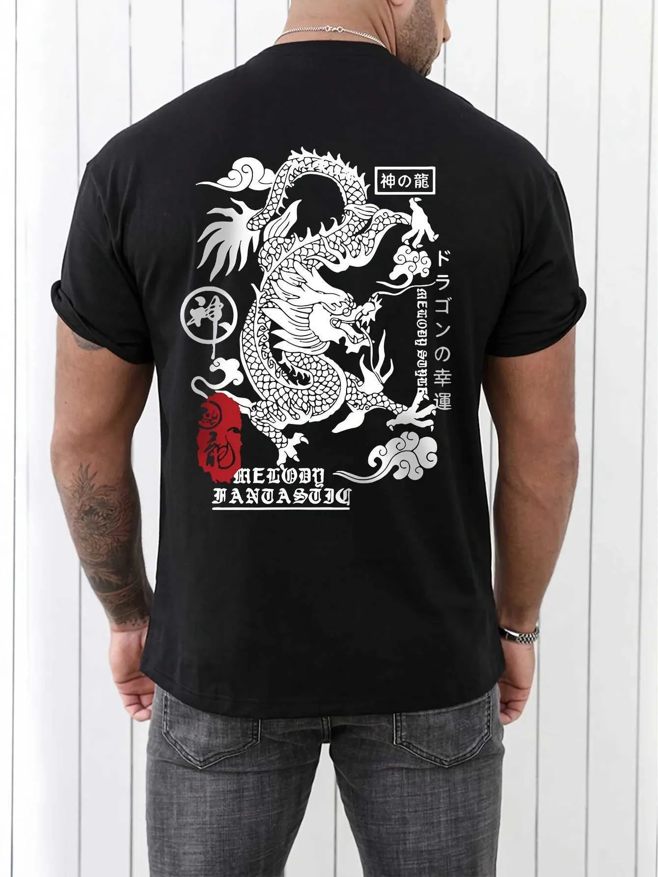 T-shirts voor heren 2024 Chinees Nieuwjaar Katoen Shirt Anime Dragon Japanse letterpatroon Men Creatief Casual Summer Round Round Neck T-Shirt Gift T240510