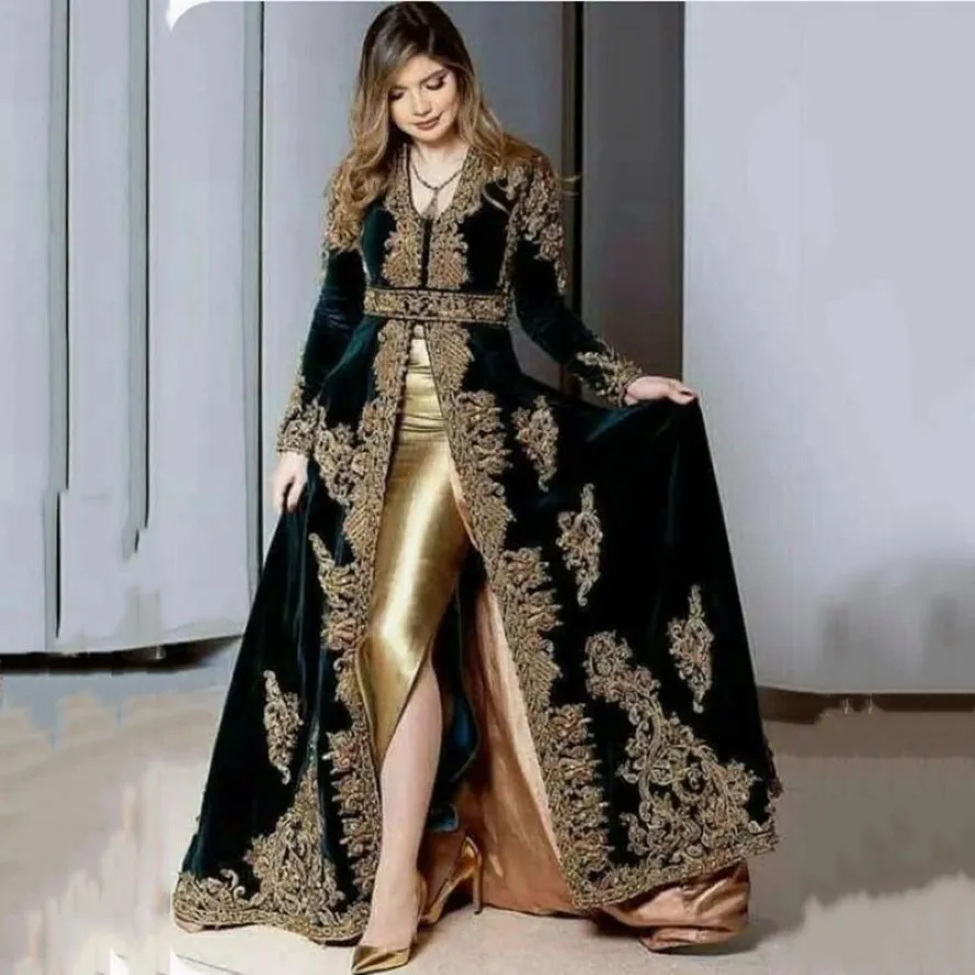 Moroccan Kaftan Elkadi Algerian A Line Velvet Evening Dresses Split Gold Appliques Lace Muslim Prom Formal Gowns Dubai Arabic Women Par 315w