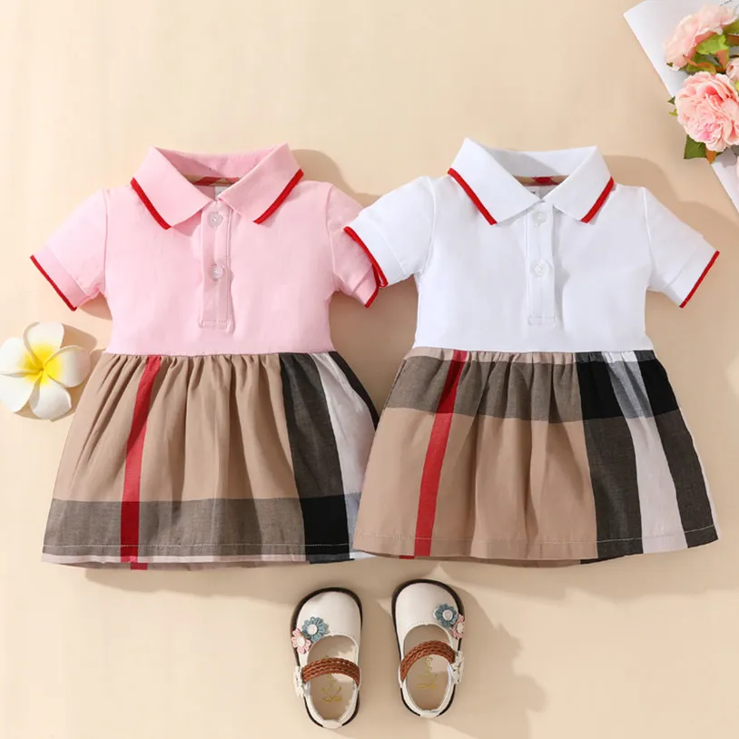 Baby Girls Plaid Dresses Cotton Newborn Short Sleeve Dress Turn-Down Collar Infant Princess Dresses Toddler Skirts 0-24 Months