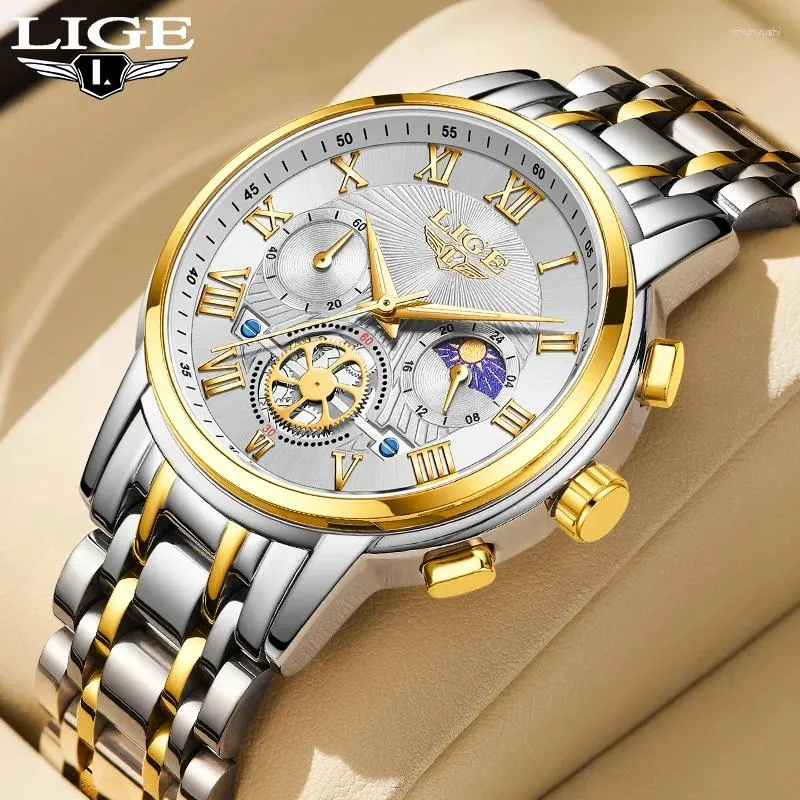 Armbandsur Lige herrklockor Top Quartz Watch for Men Chronograph 24 Hour Display Moon Phase Waterproof Luminous Wristwatch