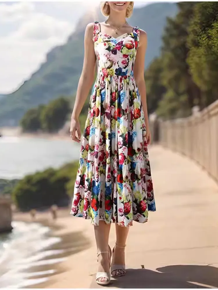 100% Cotton Floral Print Spaghetti Strap Long Dress Mid-Calf Length Vintage  A-Line Summer Dress from Dhgate Runway Dresses - price 73.72
