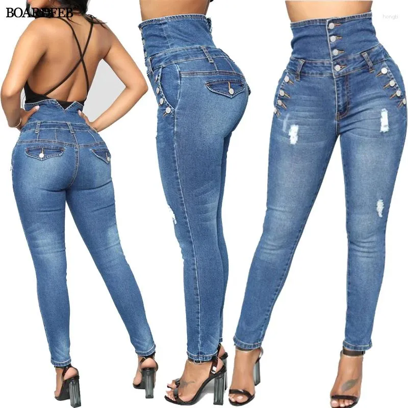 Kvinnors jeans kvinnor stretch våren rippade hål hög midja faux denim casual kvinnlig smal elastisk byxor blå mager penna byxor