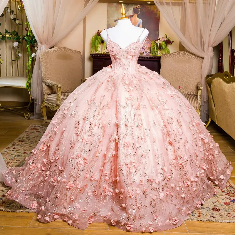 Roze glanzende prinses Quinceanera Dresses Ball Jurk van de schouder 3d Bloemen Lace kralen Tull Corset Sweet 15 Vestidos de XV Anos