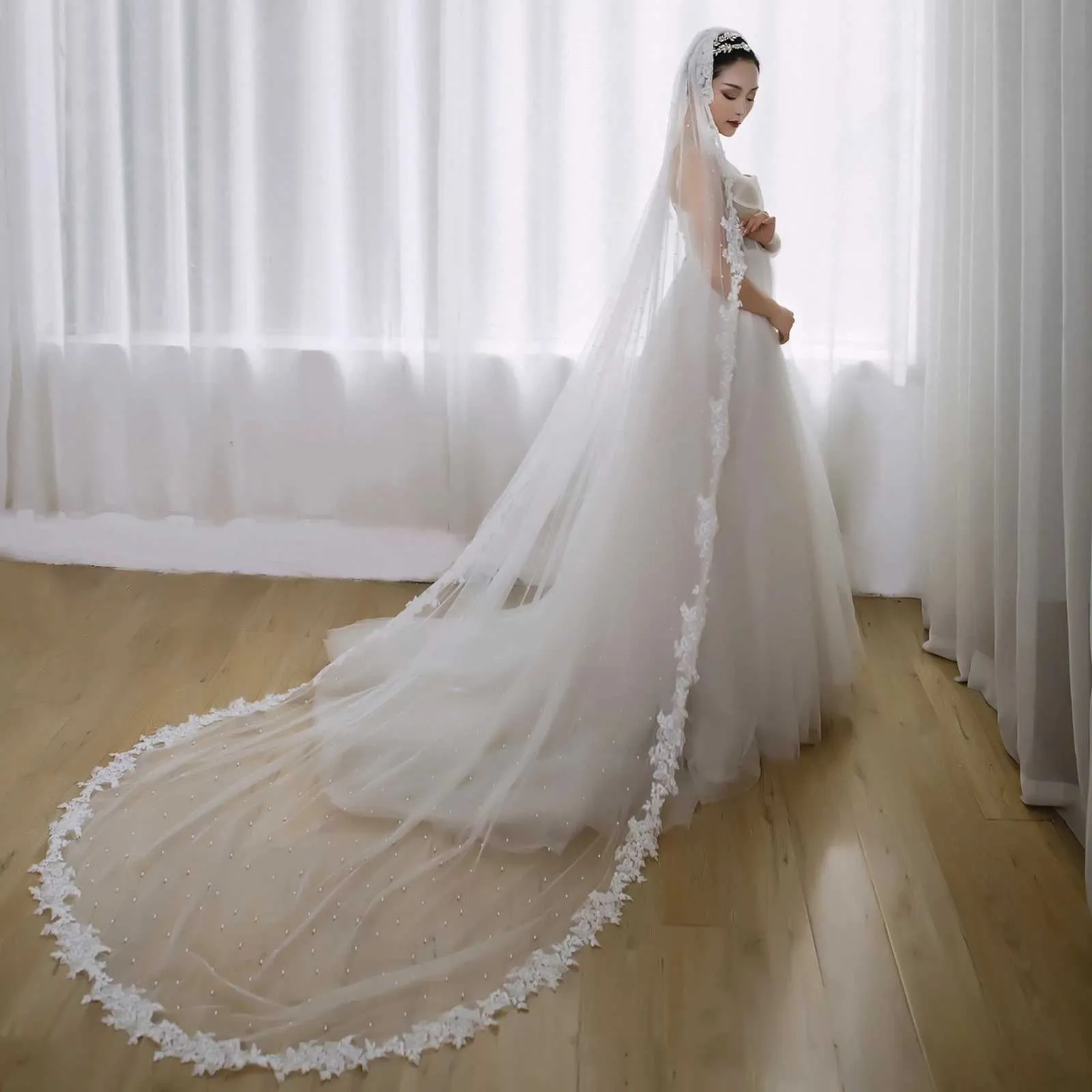 Hochzeitsschleier Mit Perlen Und Spitzenkante Und Kamm_voghion.com