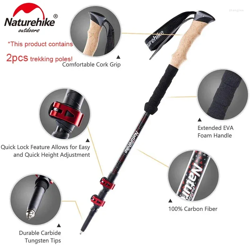 Trekking Poles Naturehike Carbon Fiber Collapsible Sticks Lightweight Walking Hiking Stick Climbing 2024