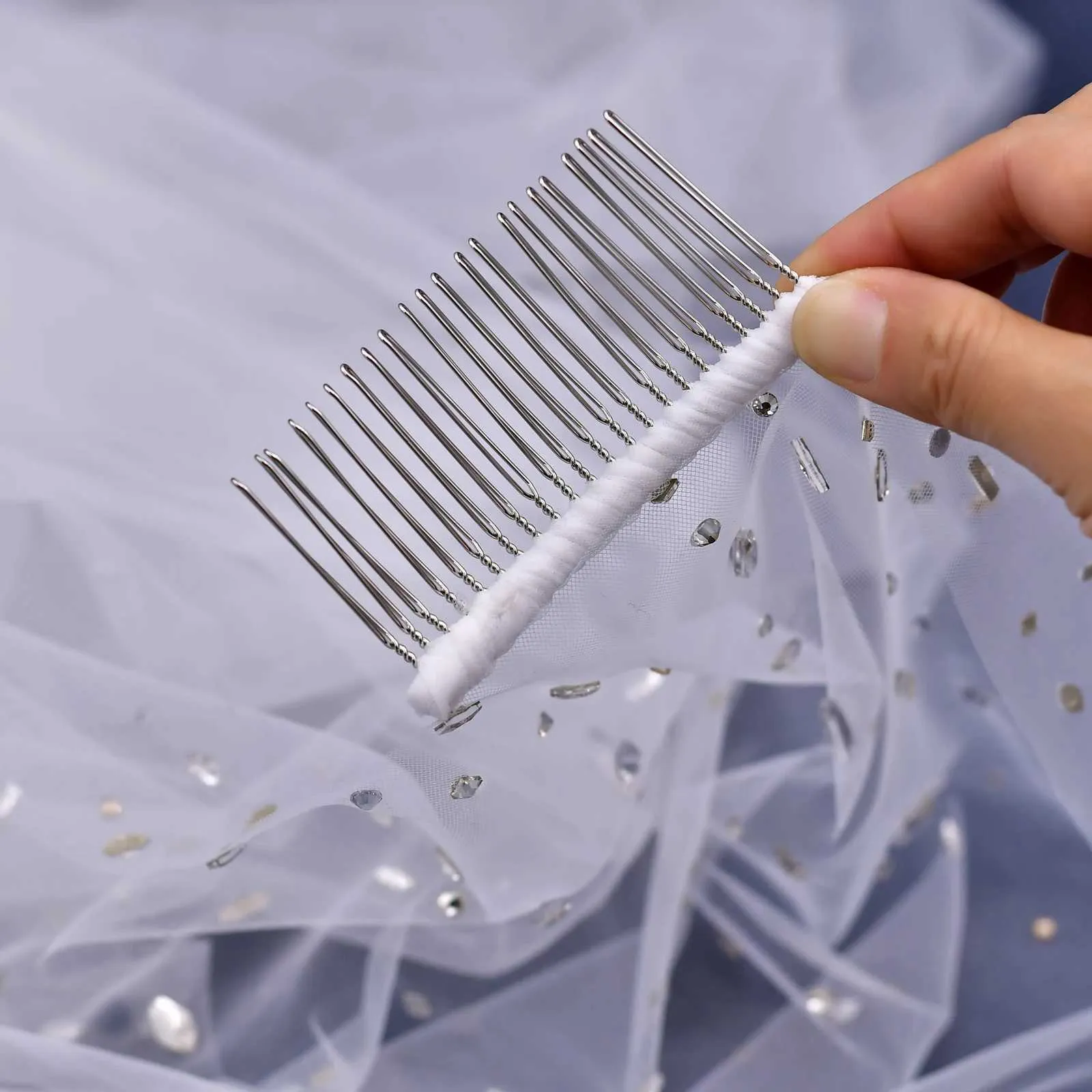 Gioielli per capelli V178 Veli da sposa con perline e cristalli, 1 strato, in tulle morbido con pettine, accessori da sposa per la sposa_voghion.com