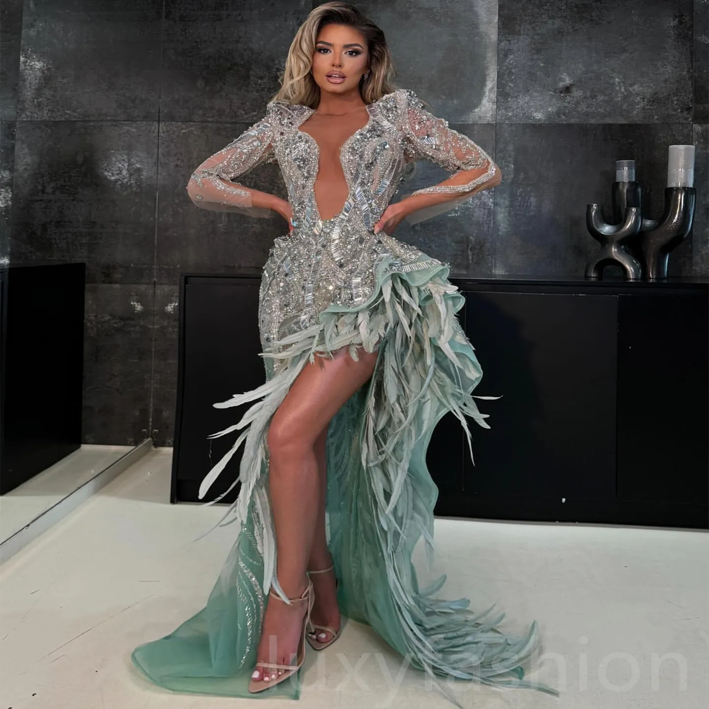 Sage Mermaid Prom Dress with Beaded Crystals and Feather Details, Long  Sleeve, Jewel Neckline, Sweep Train, Sequined Fabric LF001 from Dhgate Prom  Dresses - price 435.18