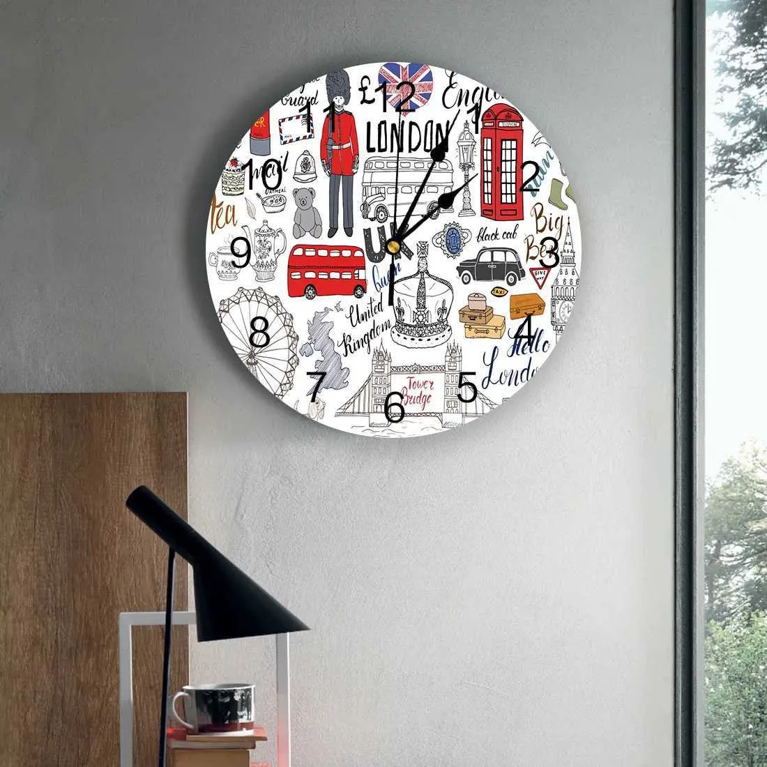 壁の時計ブリティッシュグラフィティロンドンカルチャー漫画丸い丸い壁時計吊り下げサイレントクロックホームインテリアベッドルームリビングルームの装飾