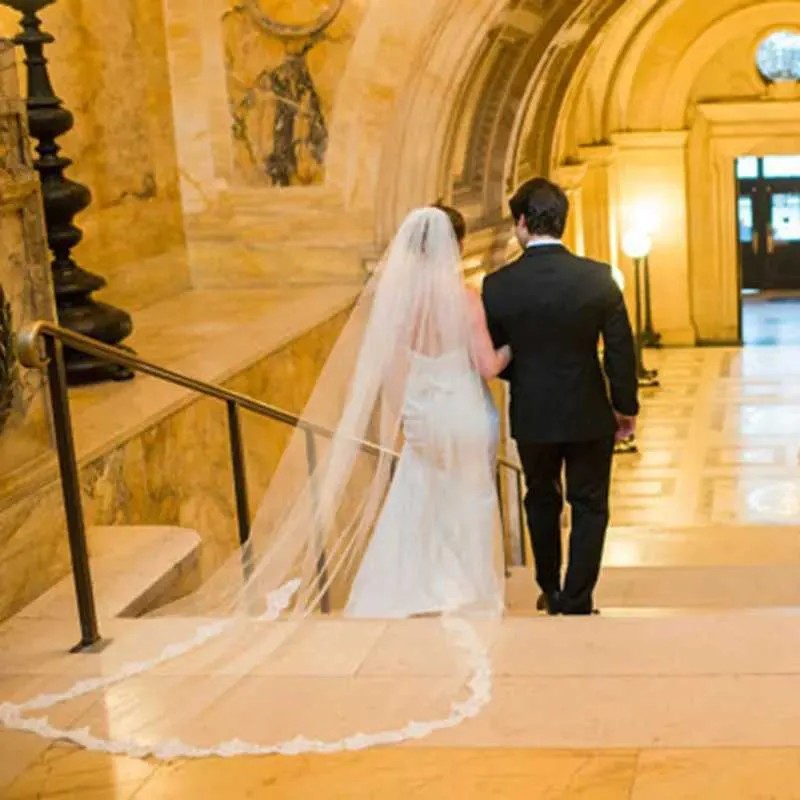 Jóias de cabelo acessórios elegantes tule casamento renda borda catedral marfim branco véu de noiva com pente veu de noiva longo_voghion.com