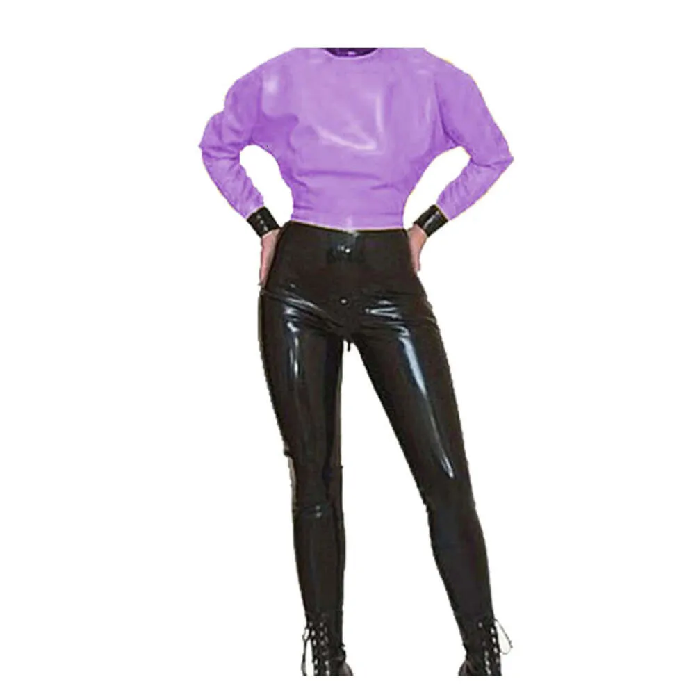 LATEX 100% Terne de borracha Jaqueta roxa e calças pretas Tamanho do conjunto de figurinos XS-XXL Catsuit