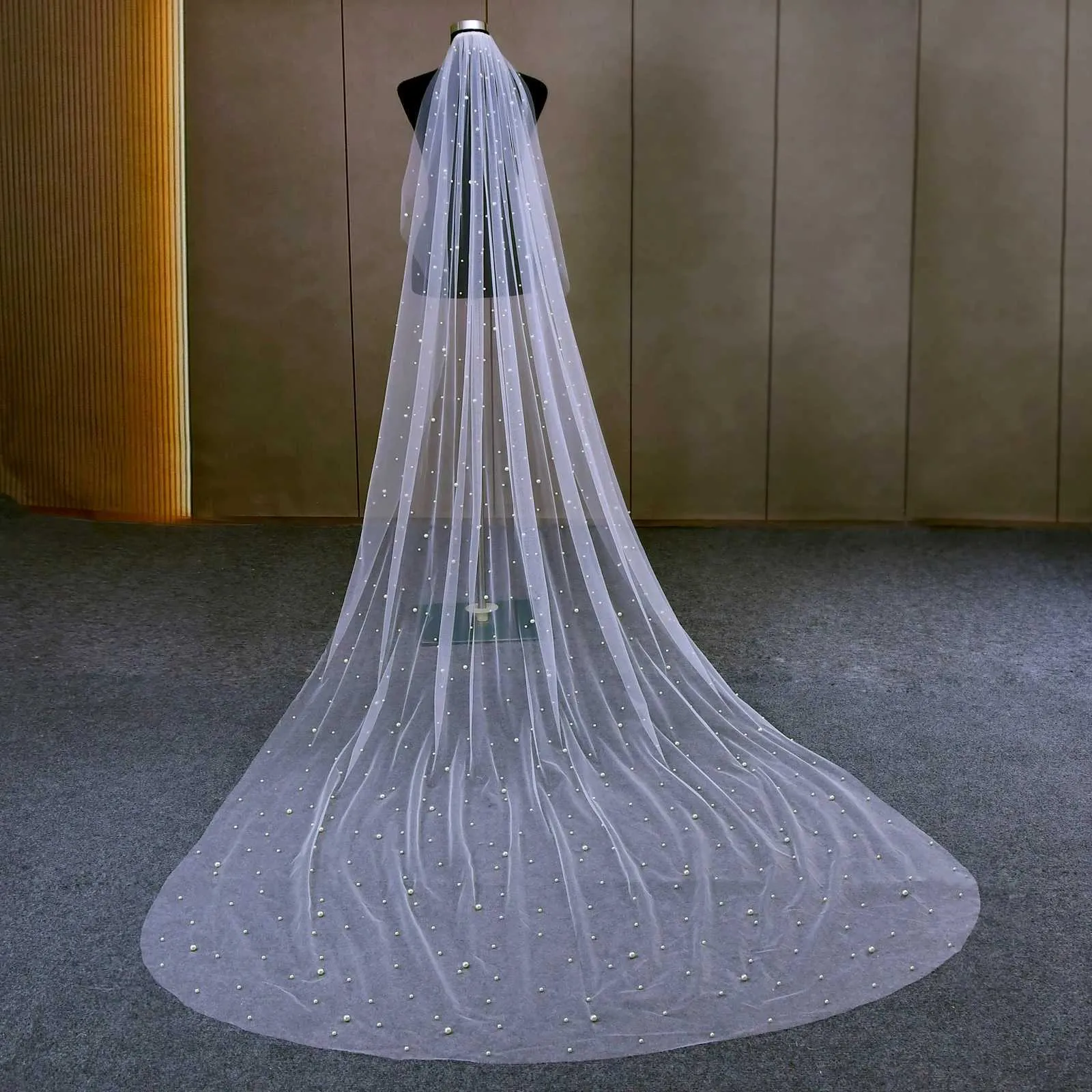 Gioielli per capelli Veli di perle eleganti Pettine piatto liscio Velo da sposa Perline miste 1 livello Bordo tagliato Velato lungo da donna da sposa_voghion.com