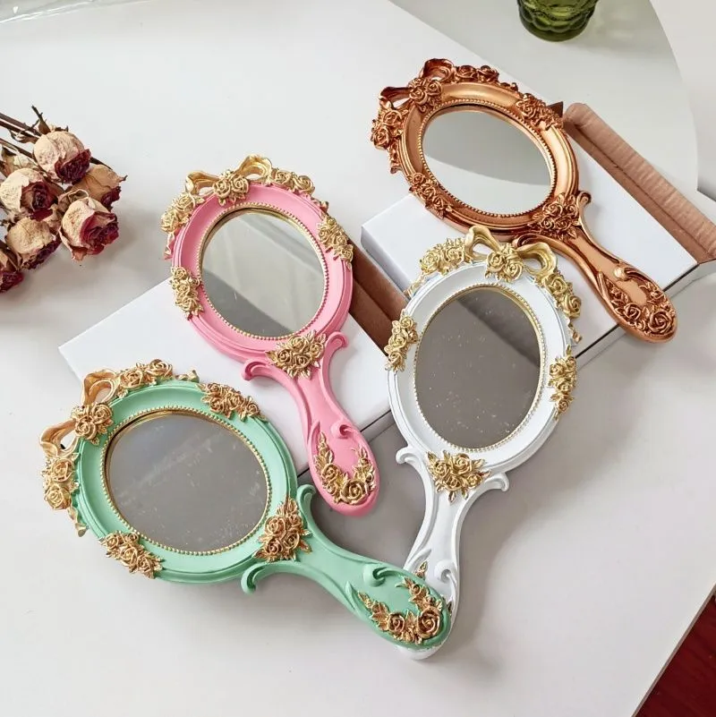 Creatieve handheld retro make -up ijdelheid handspiegel spa salon cosmetische compacte spiegel make -upgereedschap met desktop make -upgereedschap