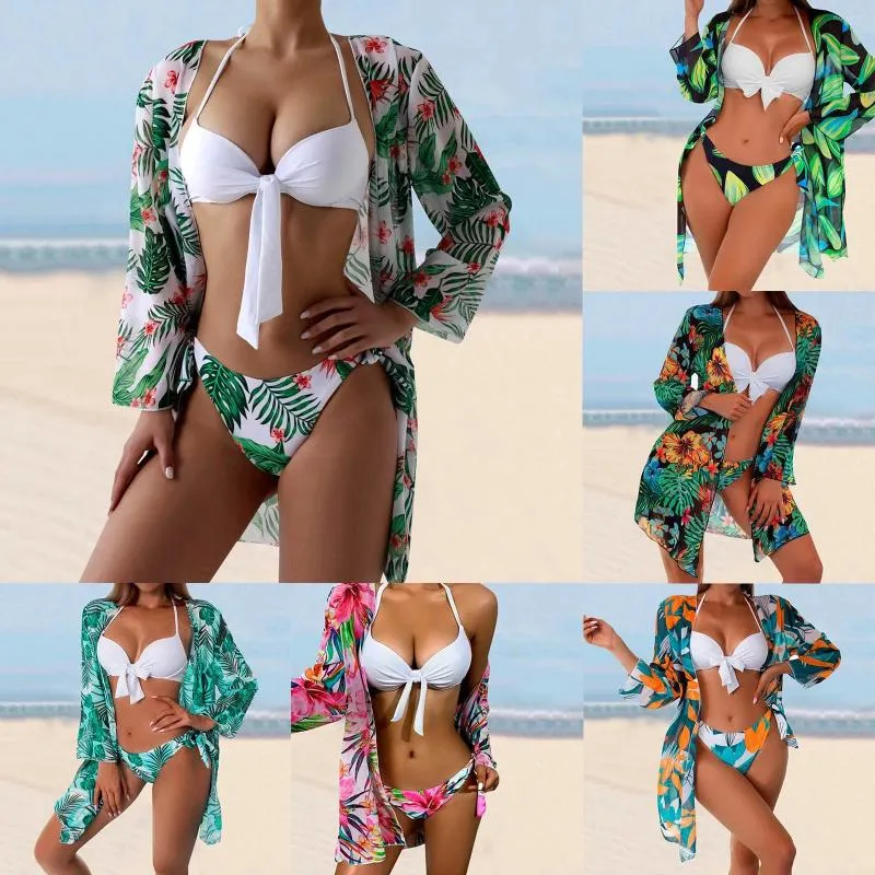 Kvinnors badkläder Kvinnor Låg midja Bikinis 2024 Sexiga 3 -stycken tryck Bikini Set Cover Up Swimsuit For Long Sleeve Swim Suit Tops Juniors