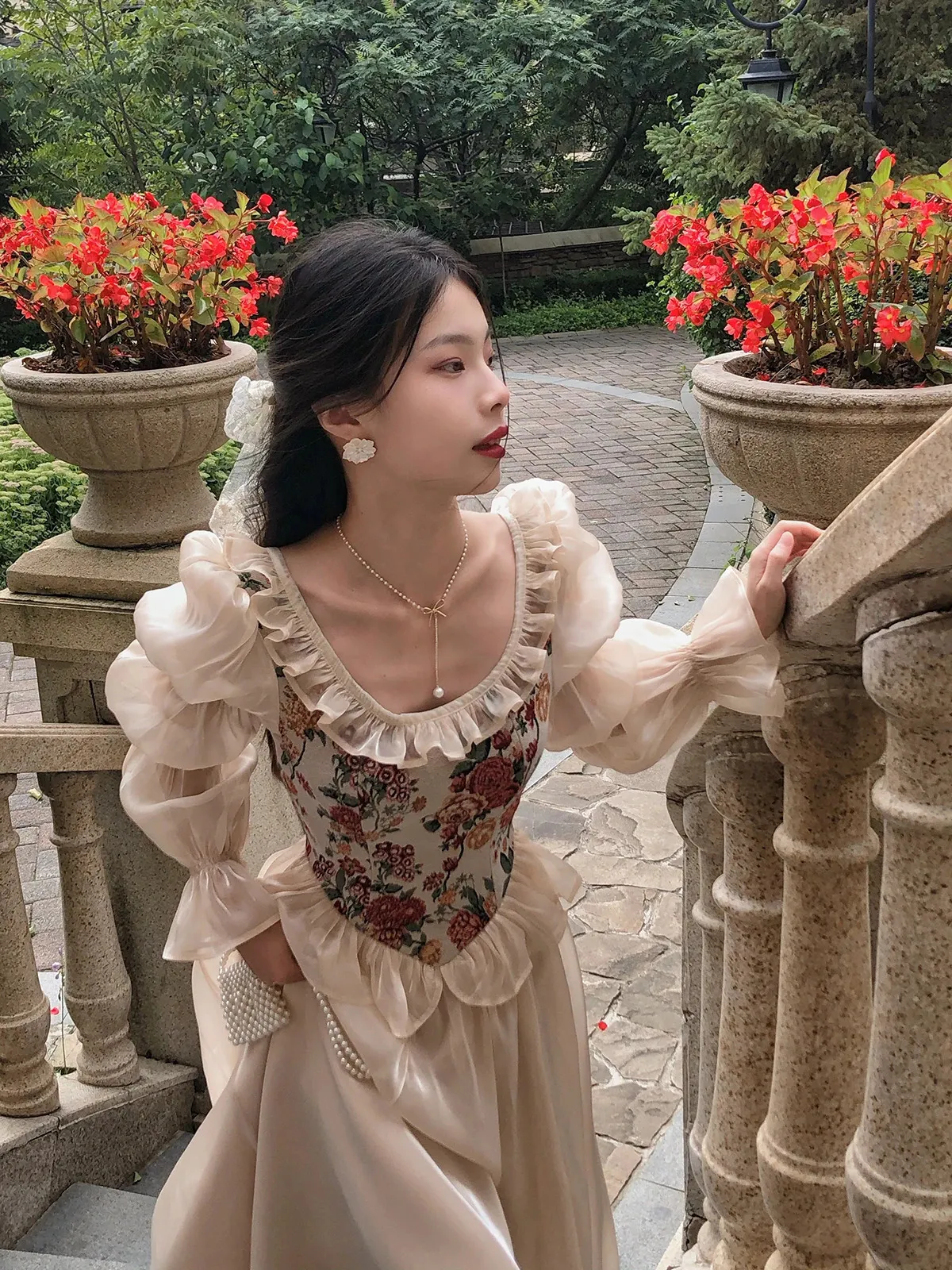 【エレガント】エルメス ドレス Floral Evening Dress Elegant Vintage Print Midi Dress Oneck