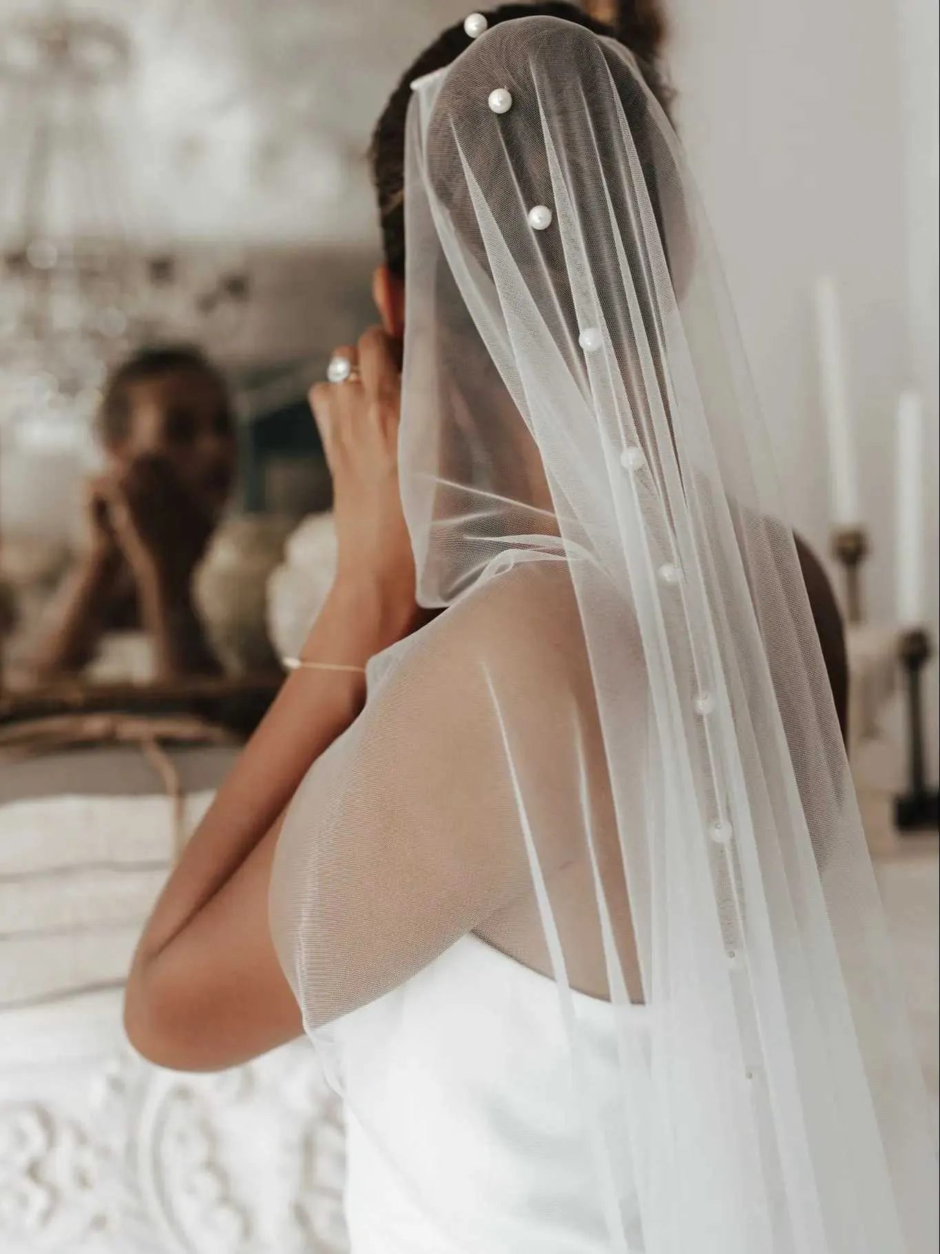 Hair Jewelry V64 Simple Pearls Bridal Veils Sheer Veil 1 Tier Cut Edge Beaded Short Soft Wedding Accessories for Bride_voghion.com