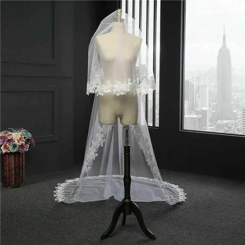 Hair Jewelry White Ivory Veil 3m Long Comb Lace Mantilla 2 Layer Cathedral Bridal Veils Wedding Accessories Veu De Noiva_voghion.com