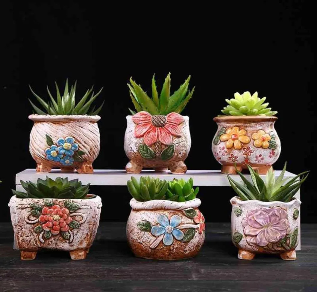 Grov keramik retro färgglad målad blomkruka med fotstativ saftiga växtblommapot bonsai planter vase skrivbordsorament 29380697