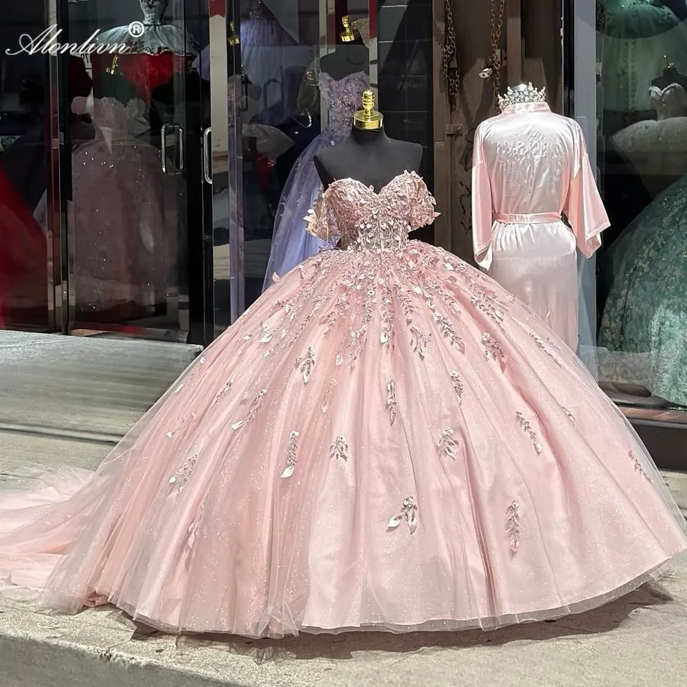 Elegance Pink Beaded 3D Flowers Appliques Puffy Ball Gown Quinceanera Dresses court Train Off Shoulder Sleeves Evening Dresses Party Pageant Birthday Gowns