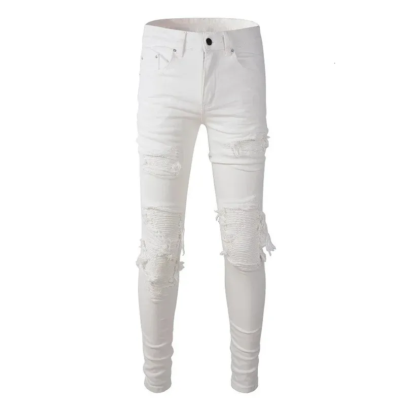 Sokotoo Mens White Rands Rived Bicycle Jeans Ultra-Thin Pleated Patch Jeans 240508