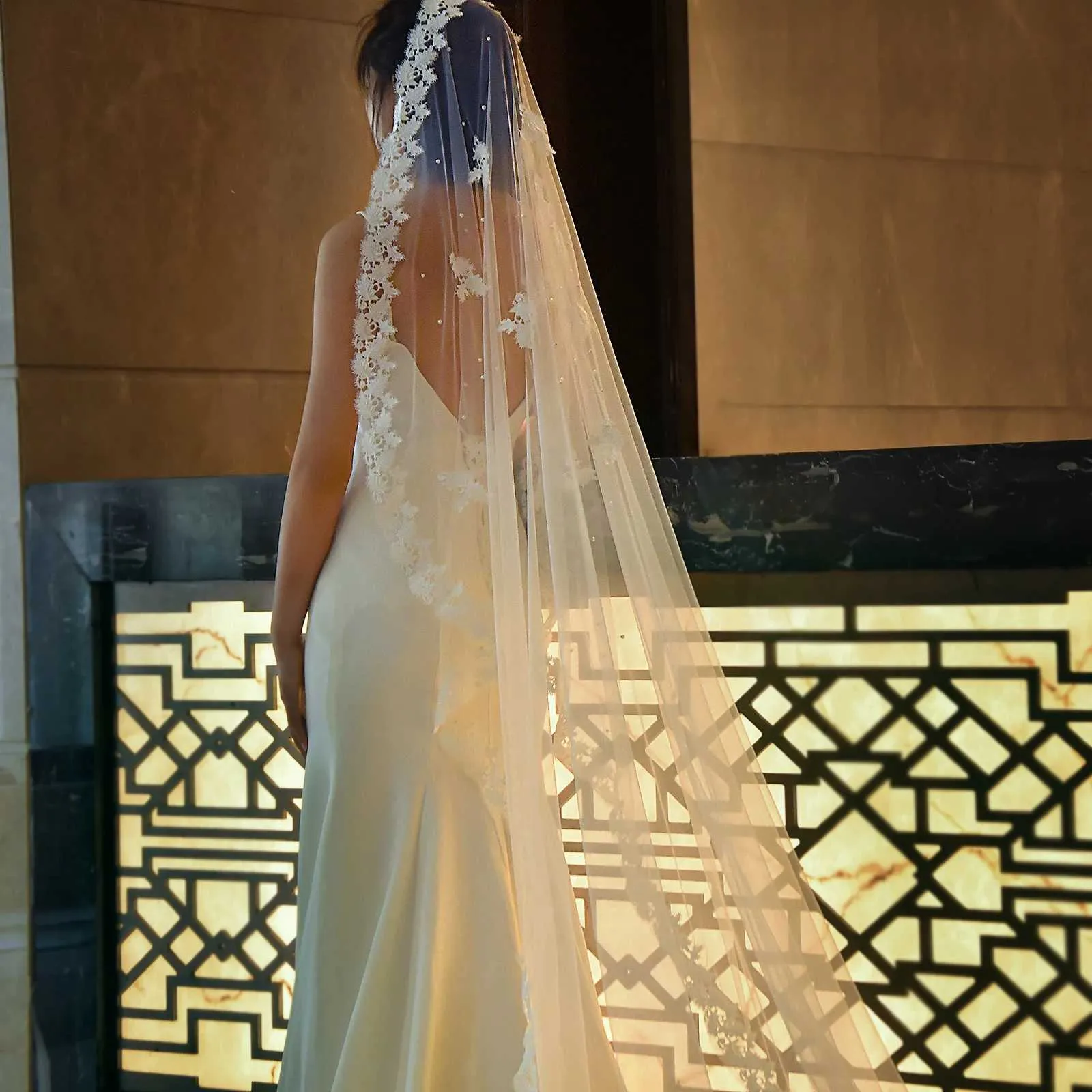 Brautschleier Mit Perlen Und Spitzenapplikation Für Brautfrisur_voghion.com