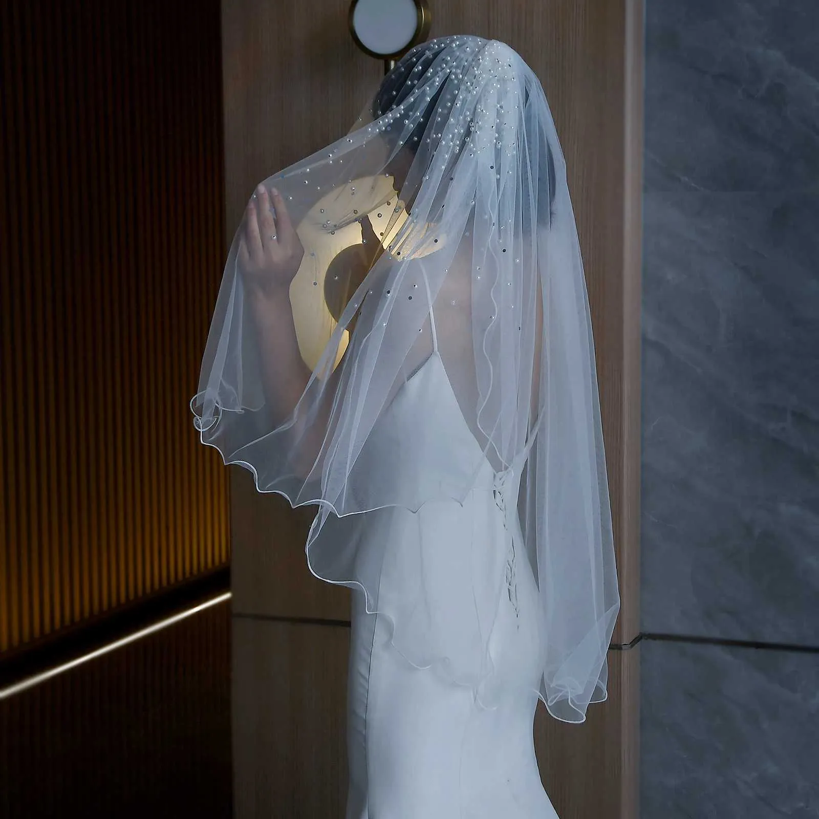 Hair Jewelry MZA32 2 Tier Veil with Blusher Pearls Bridal Veils Elbow Length Wave Pencil Edge Soft Wedding Accessories_ipsvogv.com