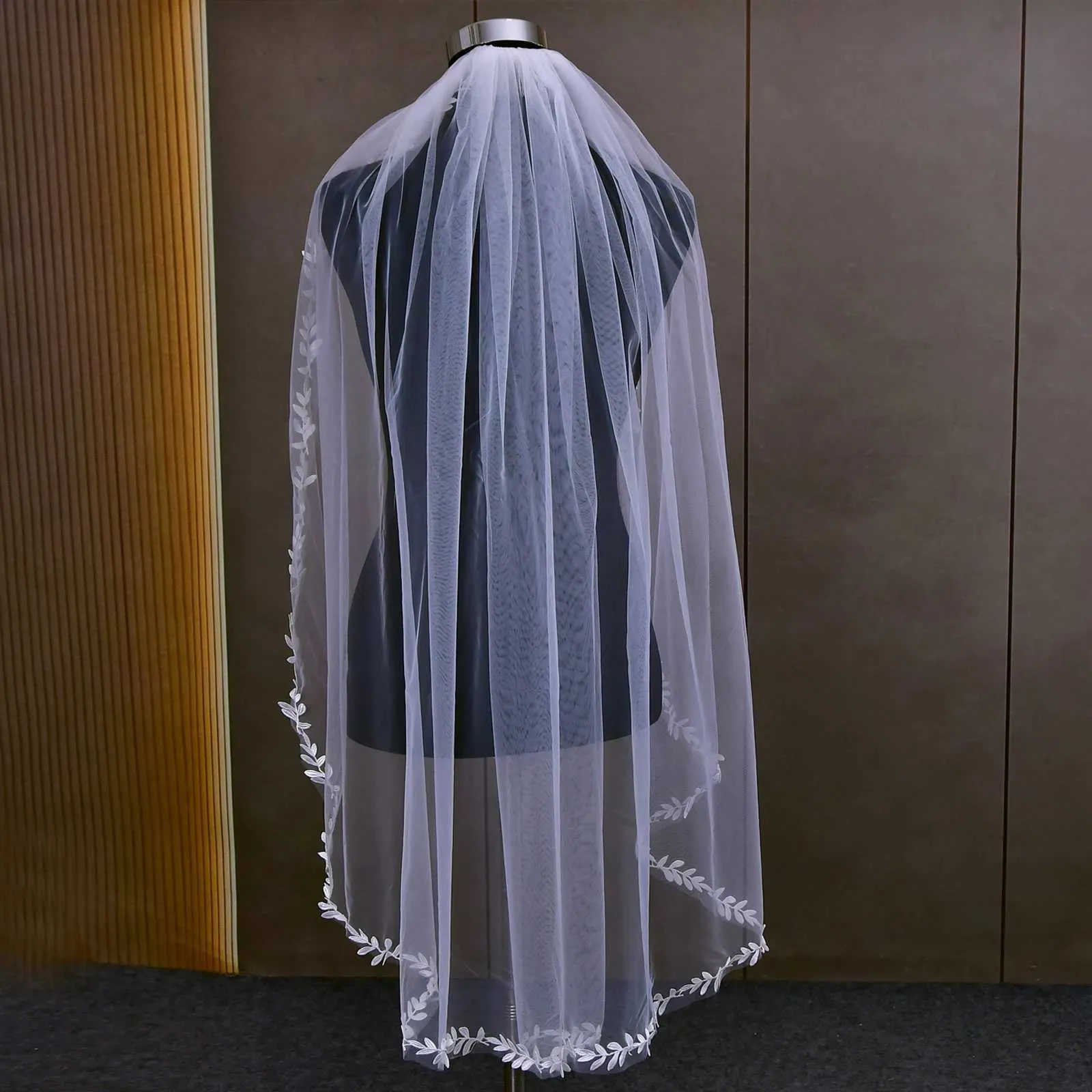 Voile de mariée avec bordure en bijoux pour cheveux, voile de mariage blanc ivoire de 3 m, bordure fine en dentelle festonnée, cathédrale, accessoires de mariée_voghion.com