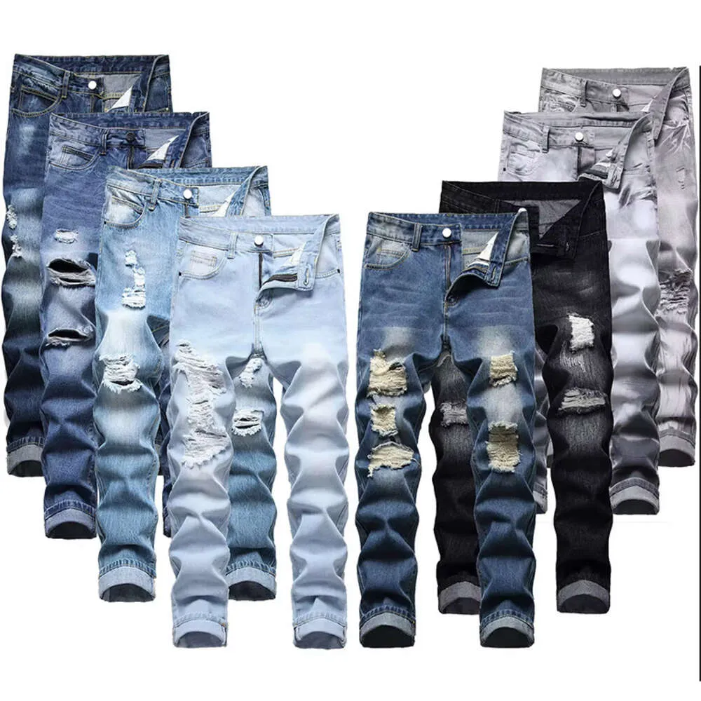 Trendiga amerikanska high street dimma knä rippade jeans för mäns stretch casual smala fit leggings