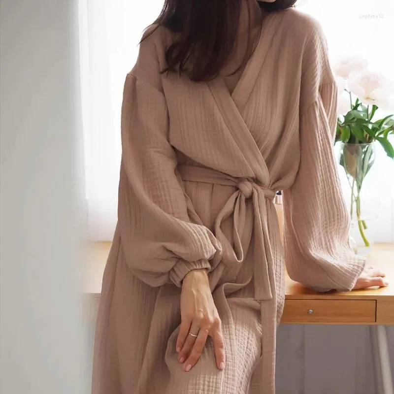 Abbigliamento da casa all'inizio della primavera in stile francese in stile francese Colore cardigan notturno garza a doppio strato cotone casual pajamas cotto da donna