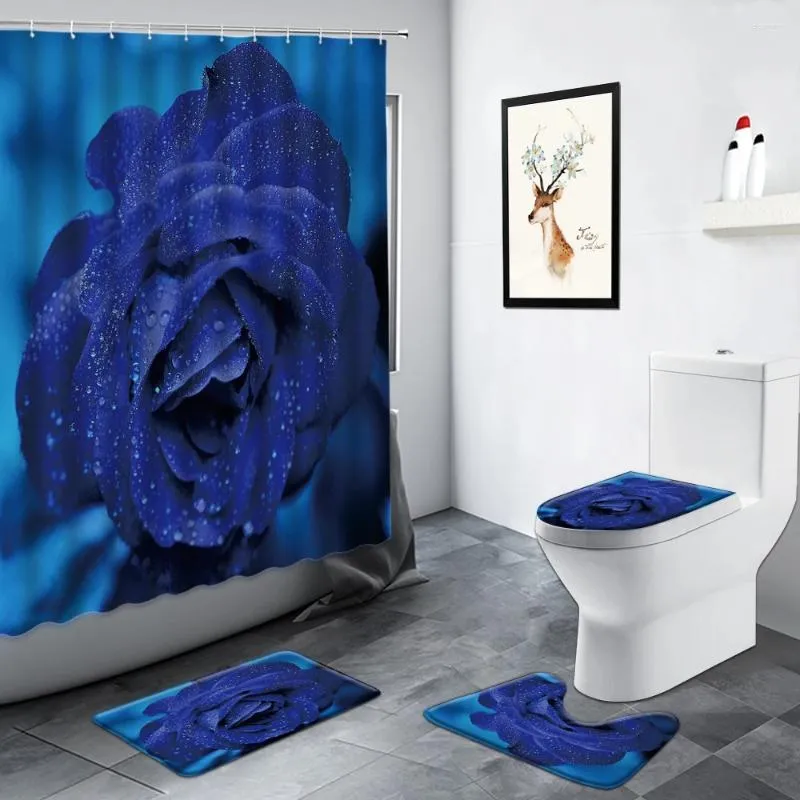 Duş perdeleri mavi gül çiçek perdesi sarı pembe çiçek bitkisi kırsal manzara banyo dekor halısı kaymaz paspaslar banyo mat tuvalet kapağı