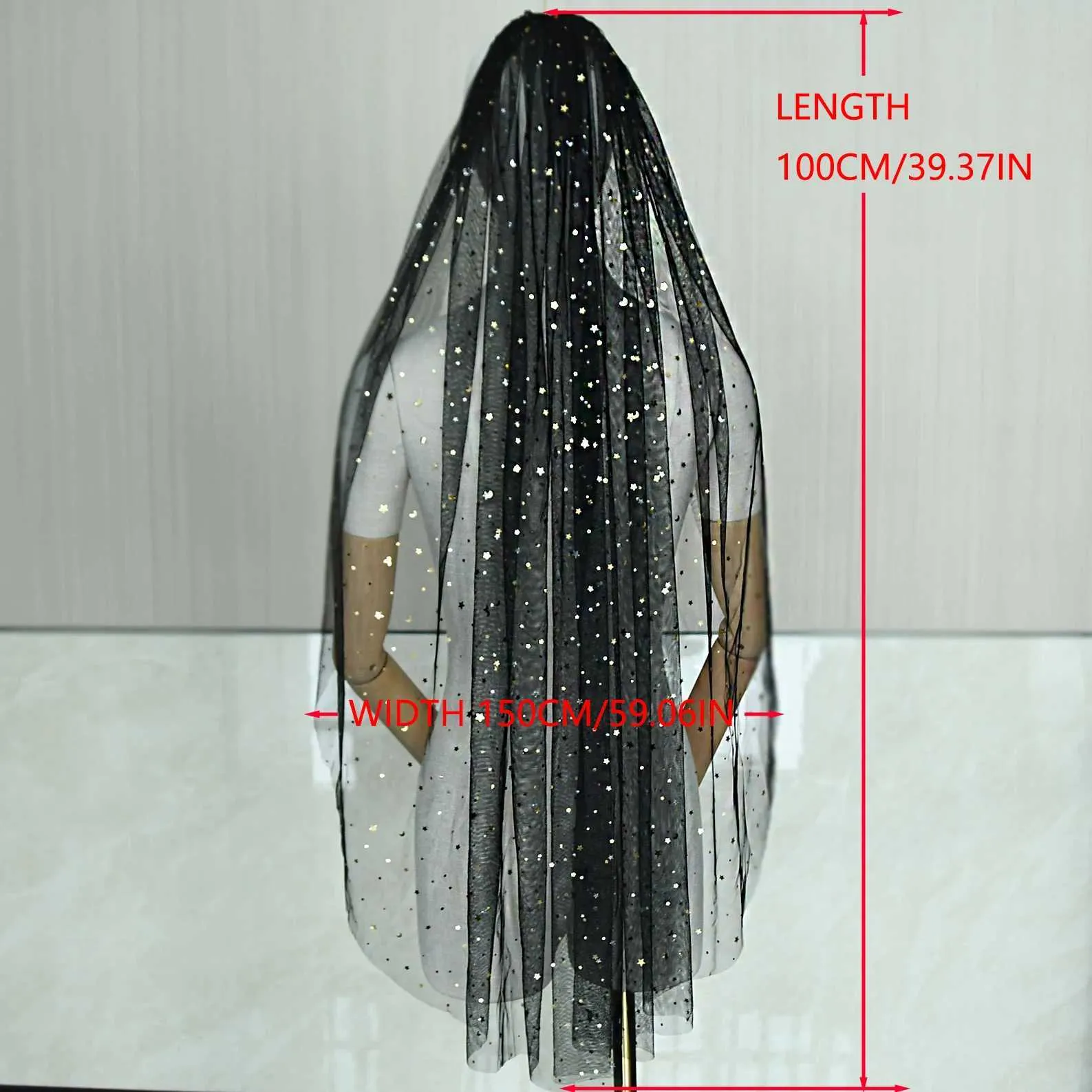 Sparkly Black Bridal Veil With Gold Star And Moon Details_voghion.com