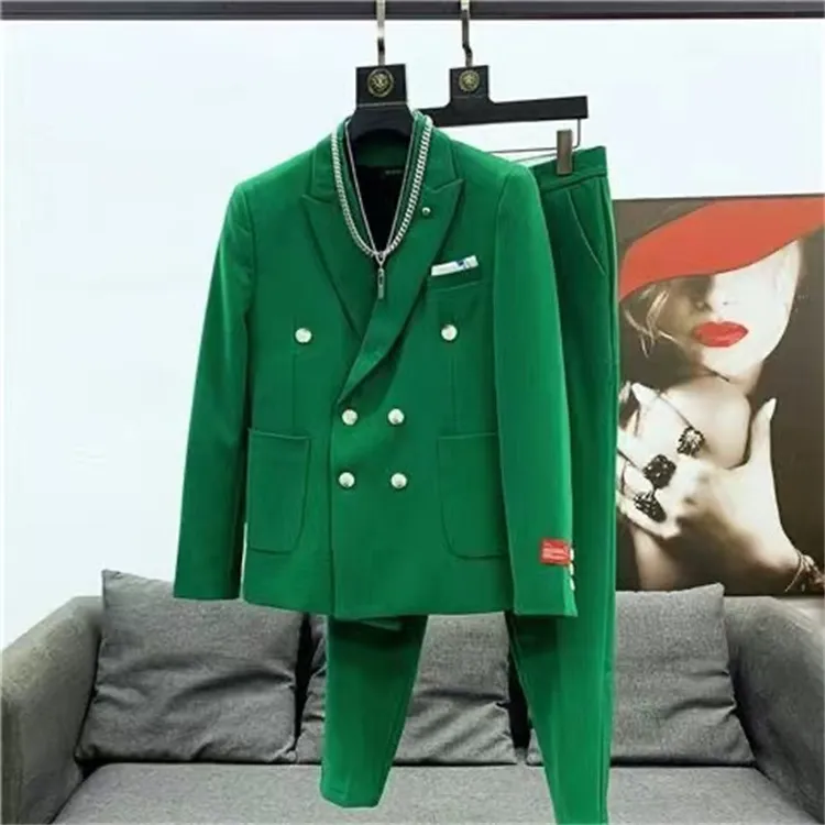 Men's Suits Blazers Fashion Men Double Breasted Plaid Suit Coat Pants 2 Pcs Set / Male Slim Fit Business Wedding Blazers Jacket Trousers #31
