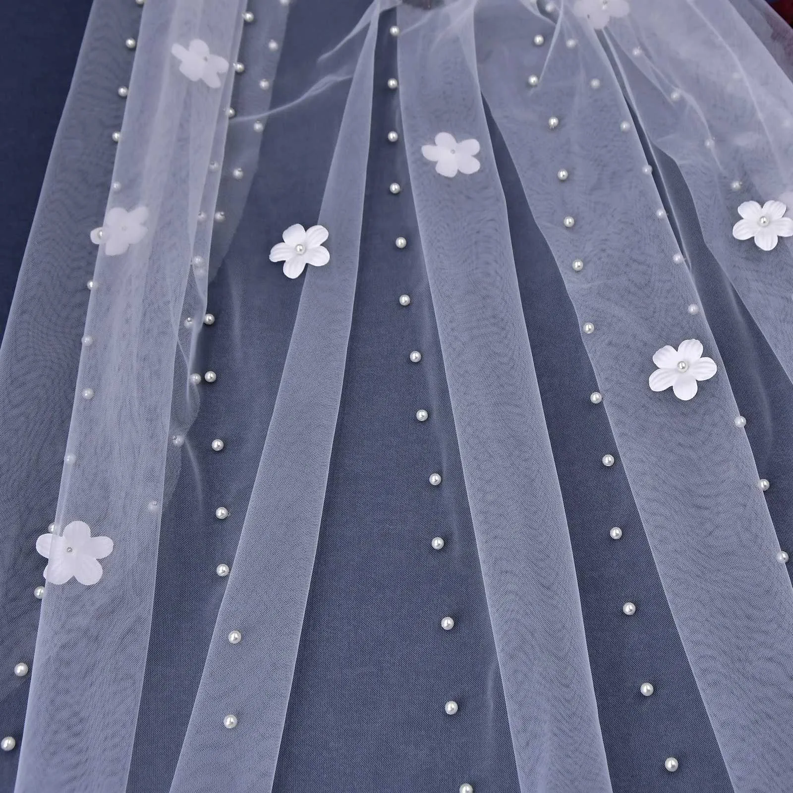 Hair Jewelry V193 Pearls Beaded Wedding Veil 3D Flowers Long Cathedral Soft Bridal Illusion with Comb Elegant Bride_voghion.com