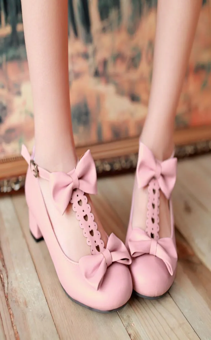 2020 Nouveau Sweet Lolita Bow Women Pumps Low Heel Mary Janes Chaussures Cosplay Étudiant fille chaussures Tide Med Talons rose zapatos de mujer1448486